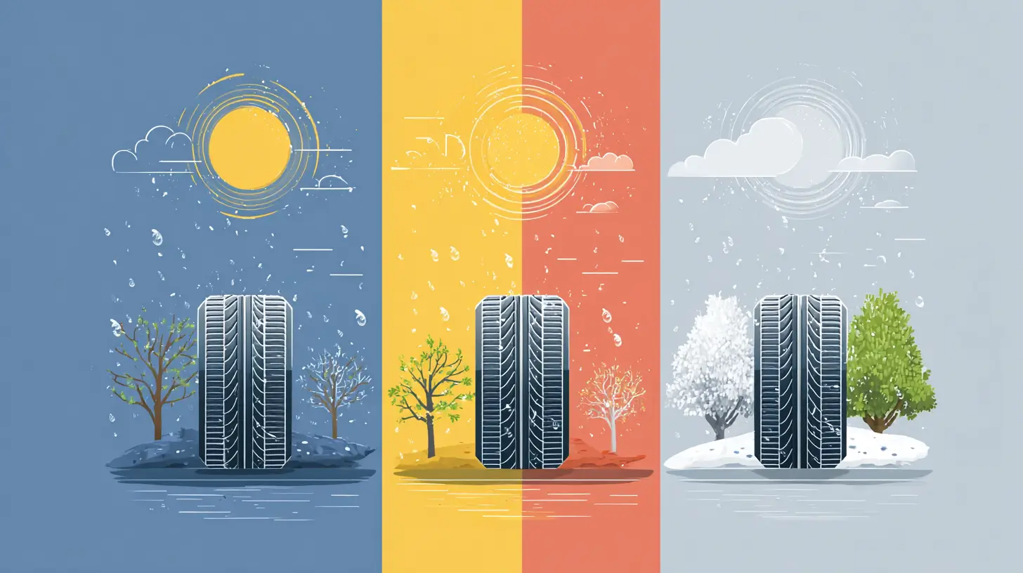 اینفوگرافیک تایر تابستانی، زمستانی و چهارفصل با پس‌زمینه فصلی