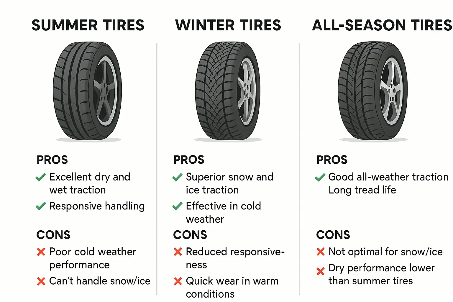 اینفوگرافیک مقایسه تایر تابستانی، زمستانی و چهارفصل