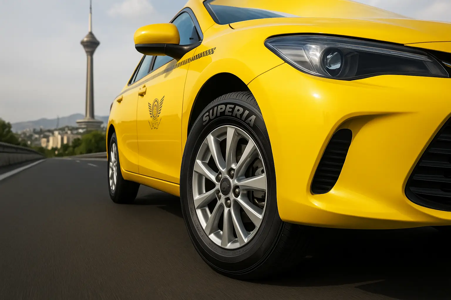 تاکسی در حال حرکت در تهران با تایر سوپریا